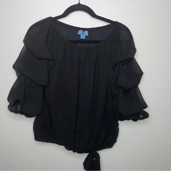 CeCe Chiffon Off/On Shoulder Ruffled Layered Long Sleeve with Side Hem Bow tie - Picture 9 of 9